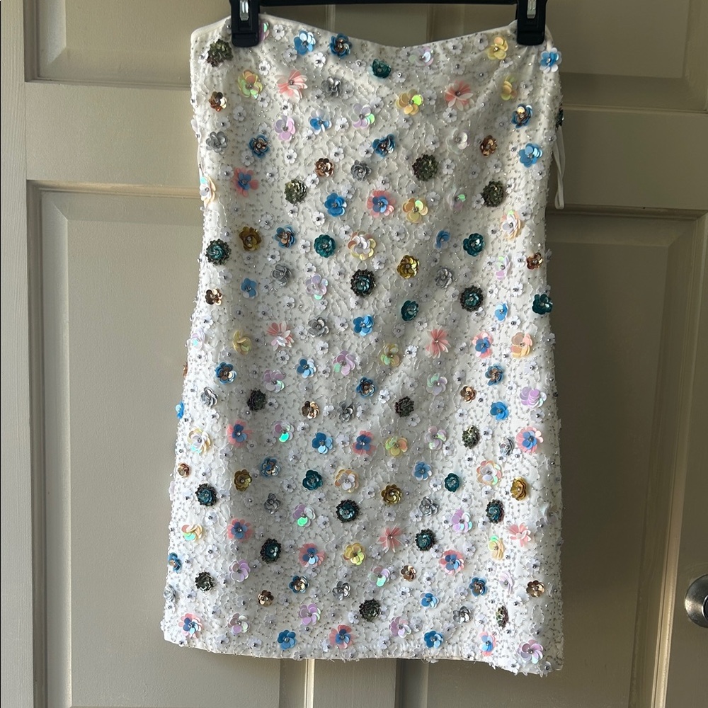 MAJORELLE White Sequin & Multicolor Floral Backless Mini Dress